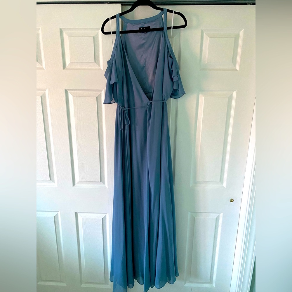 Lulu’s Easy Listening Slate Blue Cold-Shoulder Wrap Maxi Dress XL